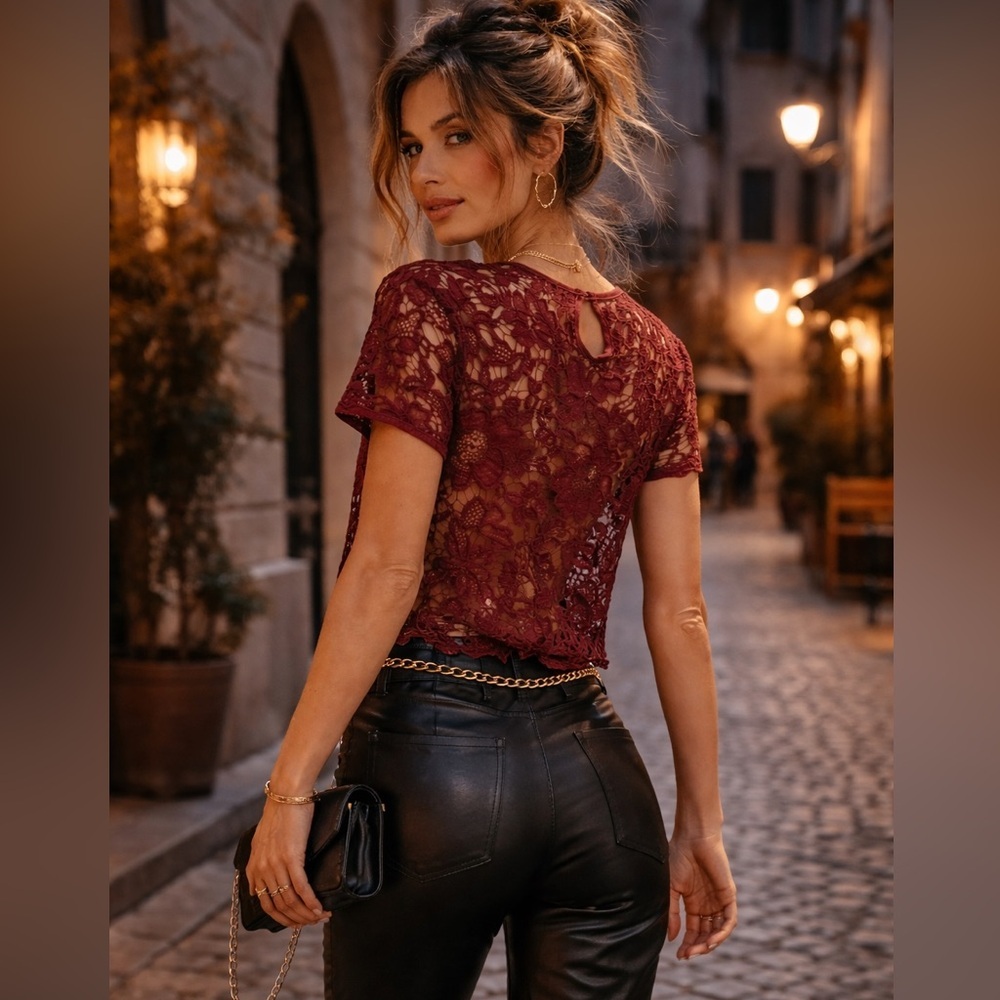 Burgundy Lace Top Sheer Floral Lace Romantic Night Out Size L